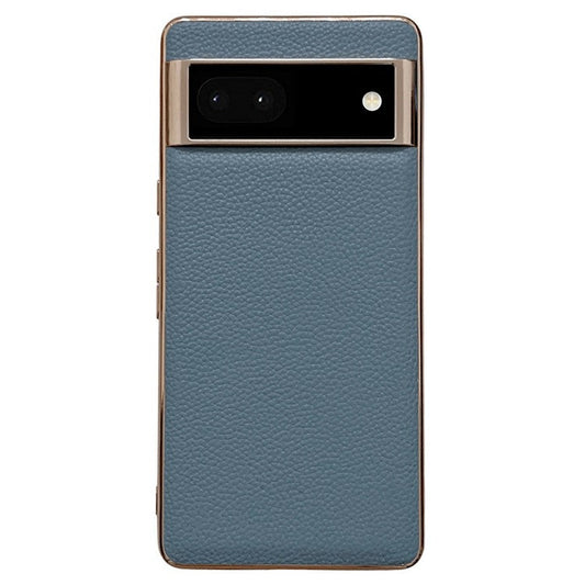 For Google Pixel 6a Anti-collision Litchi Texture Genuine Leather Coated TPU Phone Case Nano Electroplating Cell Phone Back Cover - Blue