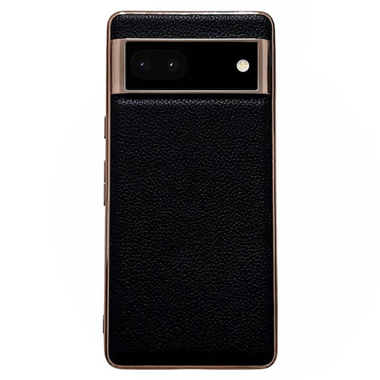 For Google Pixel 6a Anti-collision Litchi Texture Genuine Leather Coated TPU Phone Case Nano Electroplating Cell Phone Back Cover - Black