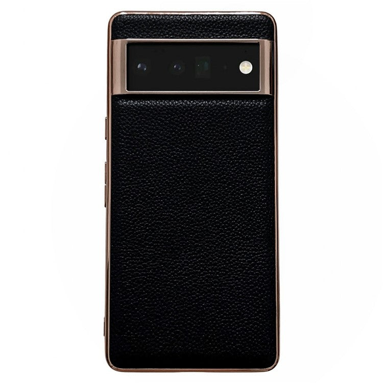 For Google Pixel 6 Pro 5G Litchi Texture Genuine Leather Coated TPU Phone Case Shockproof Nano Electroplating Cell Phone Back Cover - Black