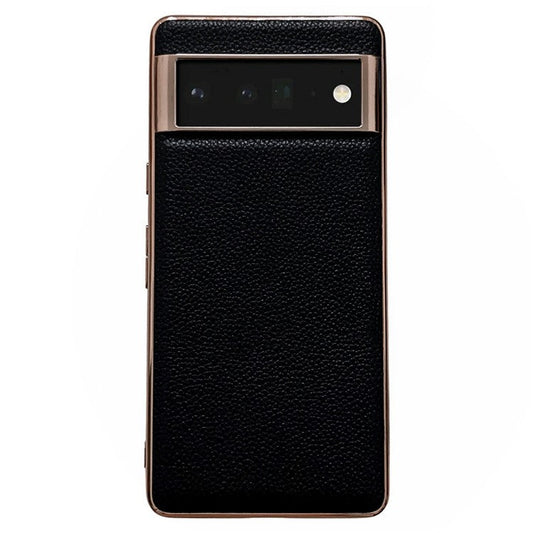 For Google Pixel 6 Pro 5G Litchi Texture Genuine Leather Coated TPU Phone Case Shockproof Nano Electroplating Cell Phone Back Cover - Black