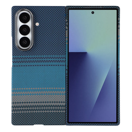For Samsung Galaxy Z Fold7 5G Case Gradient Aramid Fiber Magnetic Phone Cover with Metal Lens Frame - Blue Floating Weave