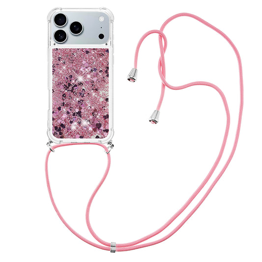 For iPhone 17 Pro Max TPU Case Quicksand Phone Cover with Lanyard - Rose Gold / Hearts