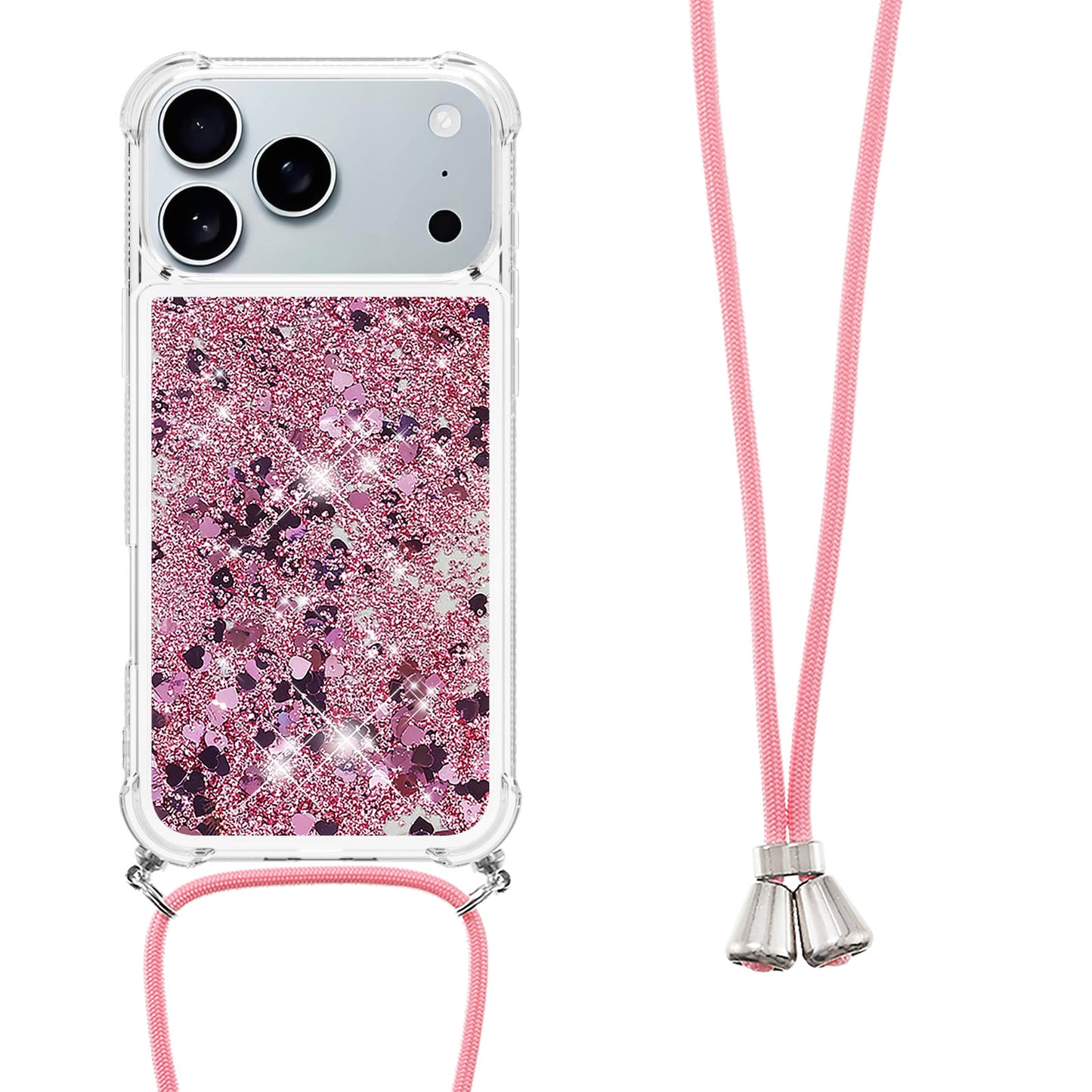 For iPhone 17 Pro Max TPU Case Quicksand Phone Cover with Lanyard - Rose Gold / Hearts