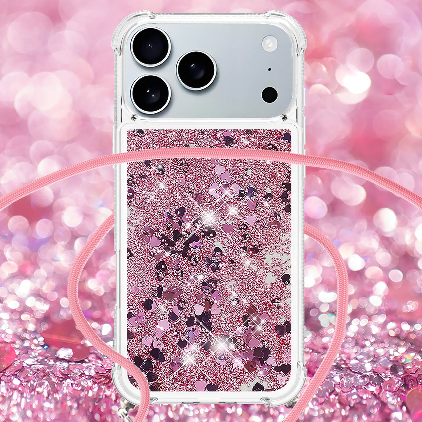 For iPhone 17 Pro Max TPU Case Quicksand Phone Cover with Lanyard - Rose Gold / Hearts