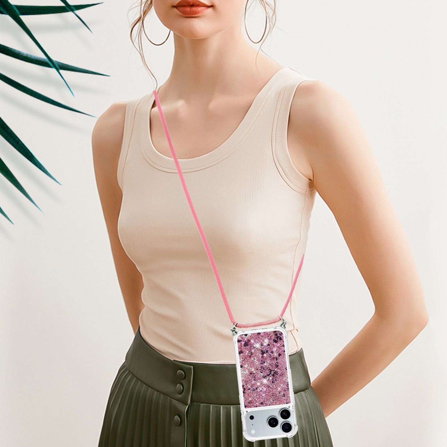 For iPhone 17 Pro Max TPU Case Quicksand Phone Cover with Lanyard - Rose Gold / Hearts