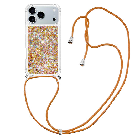 For iPhone 17 Pro Max TPU Case Quicksand Phone Cover with Lanyard - Gold / Hearts
