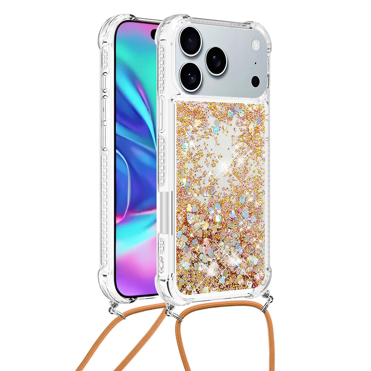 For iPhone 17 Pro Max TPU Case Quicksand Phone Cover with Lanyard - Gold / Hearts