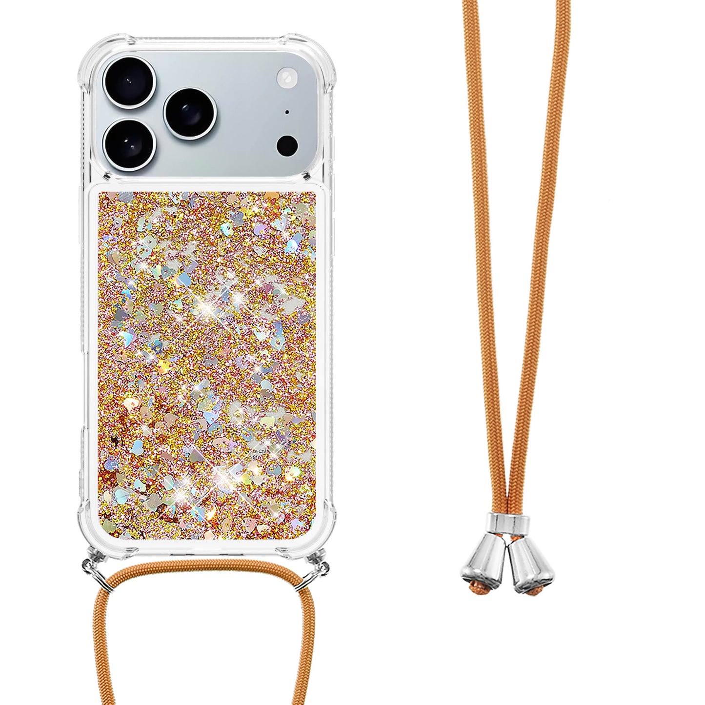For iPhone 17 Pro Max TPU Case Quicksand Phone Cover with Lanyard - Gold / Hearts
