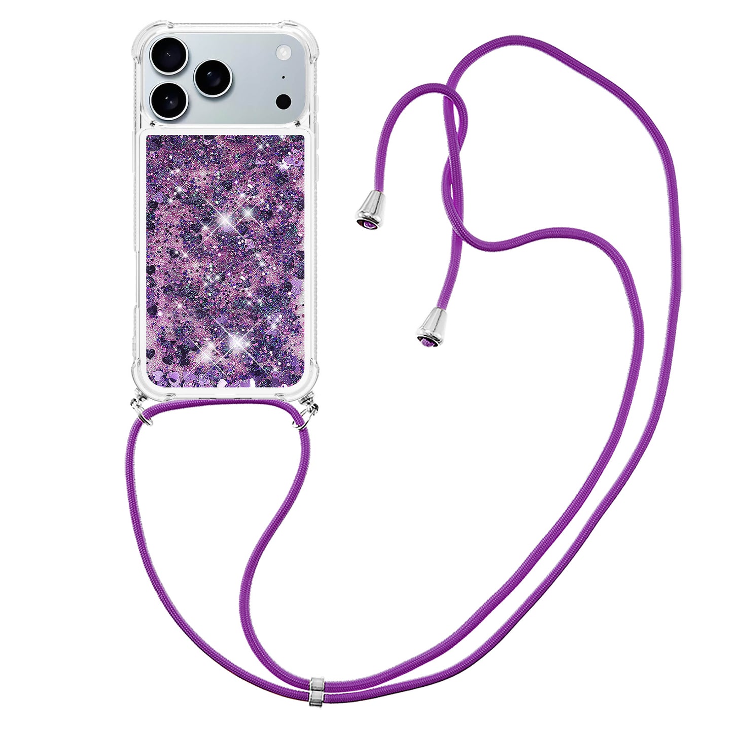 For iPhone 17 Pro Max TPU Case Quicksand Phone Cover with Lanyard - Dark Purple / Hearts