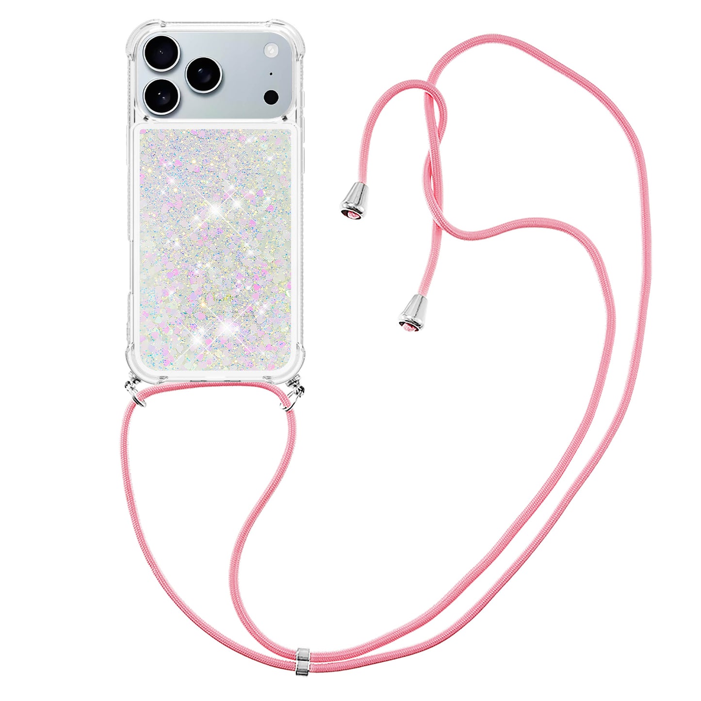 For iPhone 17 Pro Max TPU Case Quicksand Phone Cover with Lanyard - Laser / Hearts