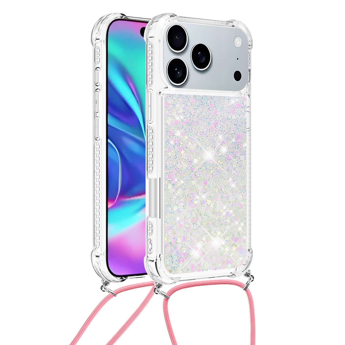 For iPhone 17 Pro Max TPU Case Quicksand Phone Cover with Lanyard - Laser / Hearts