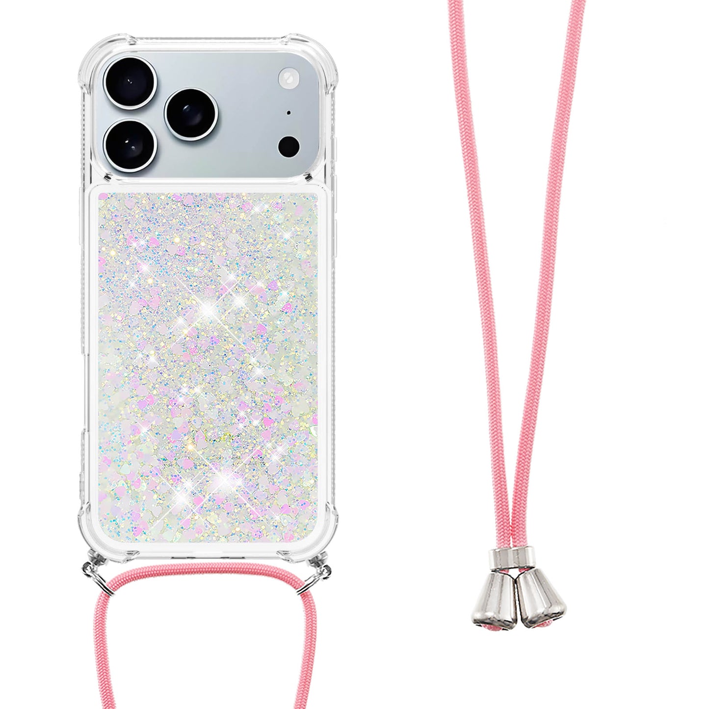 For iPhone 17 Pro Max TPU Case Quicksand Phone Cover with Lanyard - Laser / Hearts