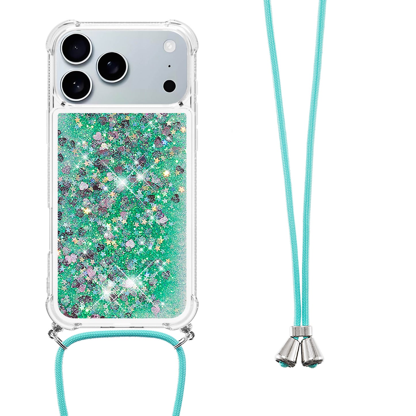 For iPhone 17 Pro Max TPU Case Quicksand Phone Cover with Lanyard - Green / Hearts