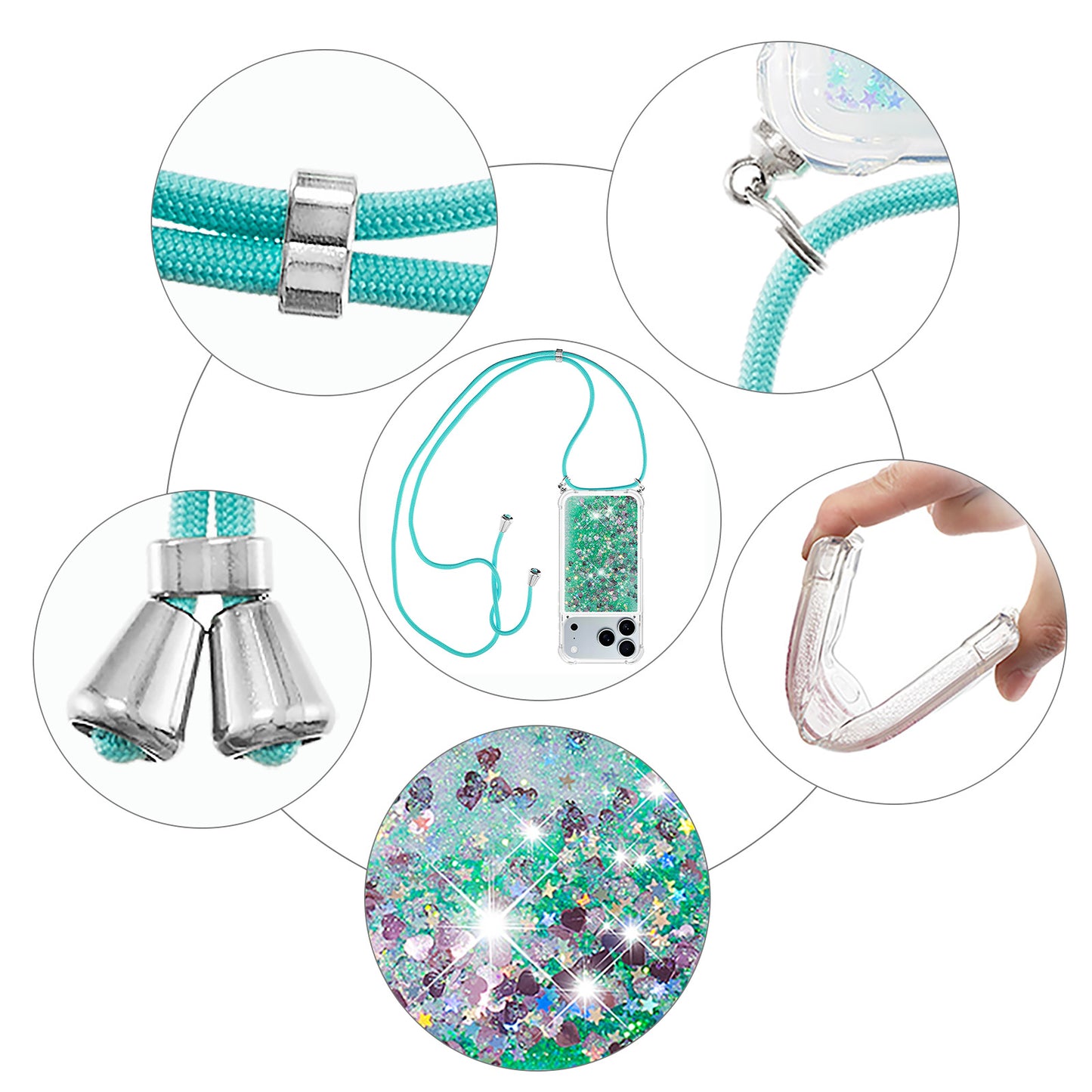 For iPhone 17 Pro Max TPU Case Quicksand Phone Cover with Lanyard - Green / Hearts