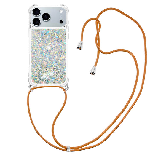 For iPhone 17 Pro Max TPU Case Quicksand Phone Cover with Lanyard - Silver / Hearts