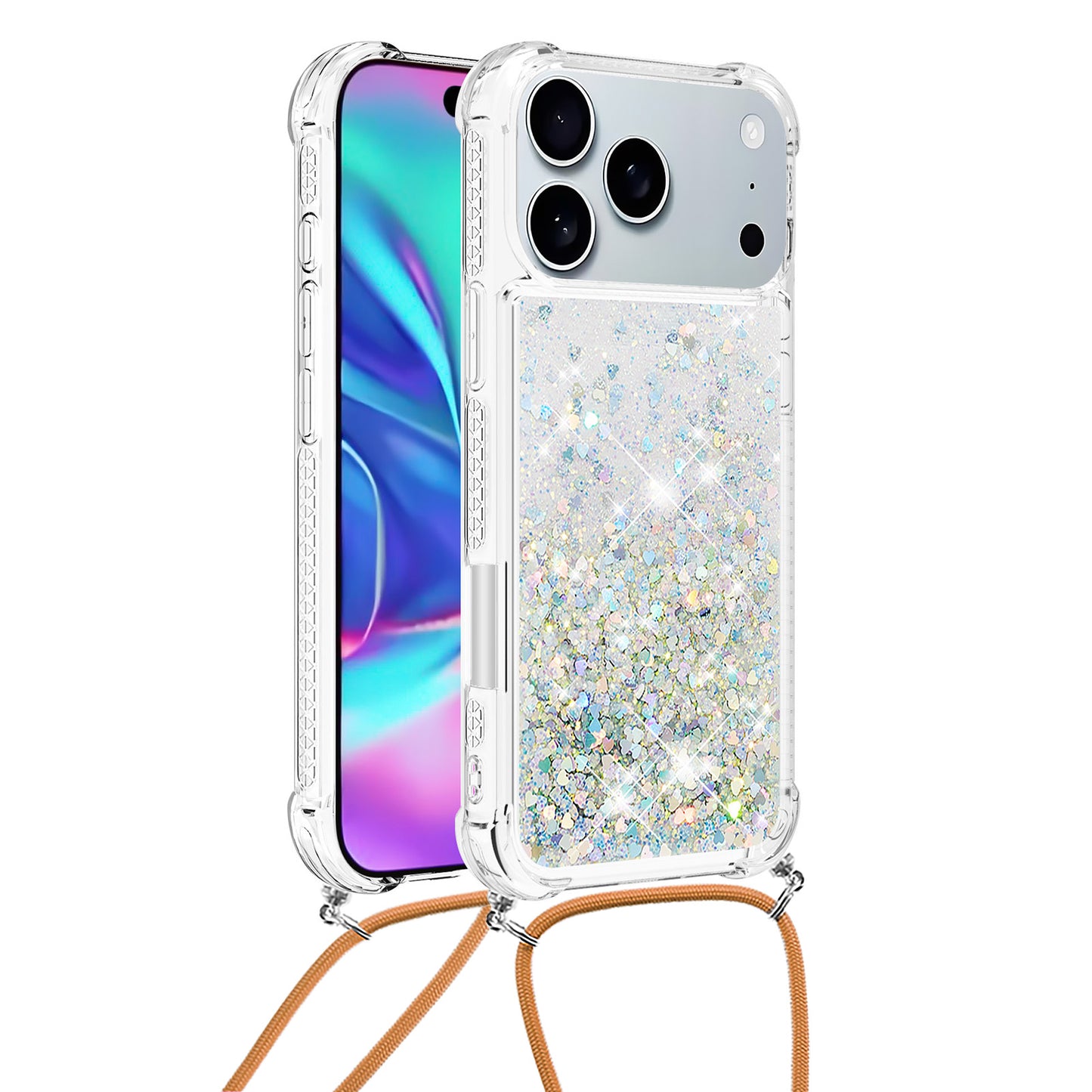 For iPhone 17 Pro Max TPU Case Quicksand Phone Cover with Lanyard - Silver / Hearts