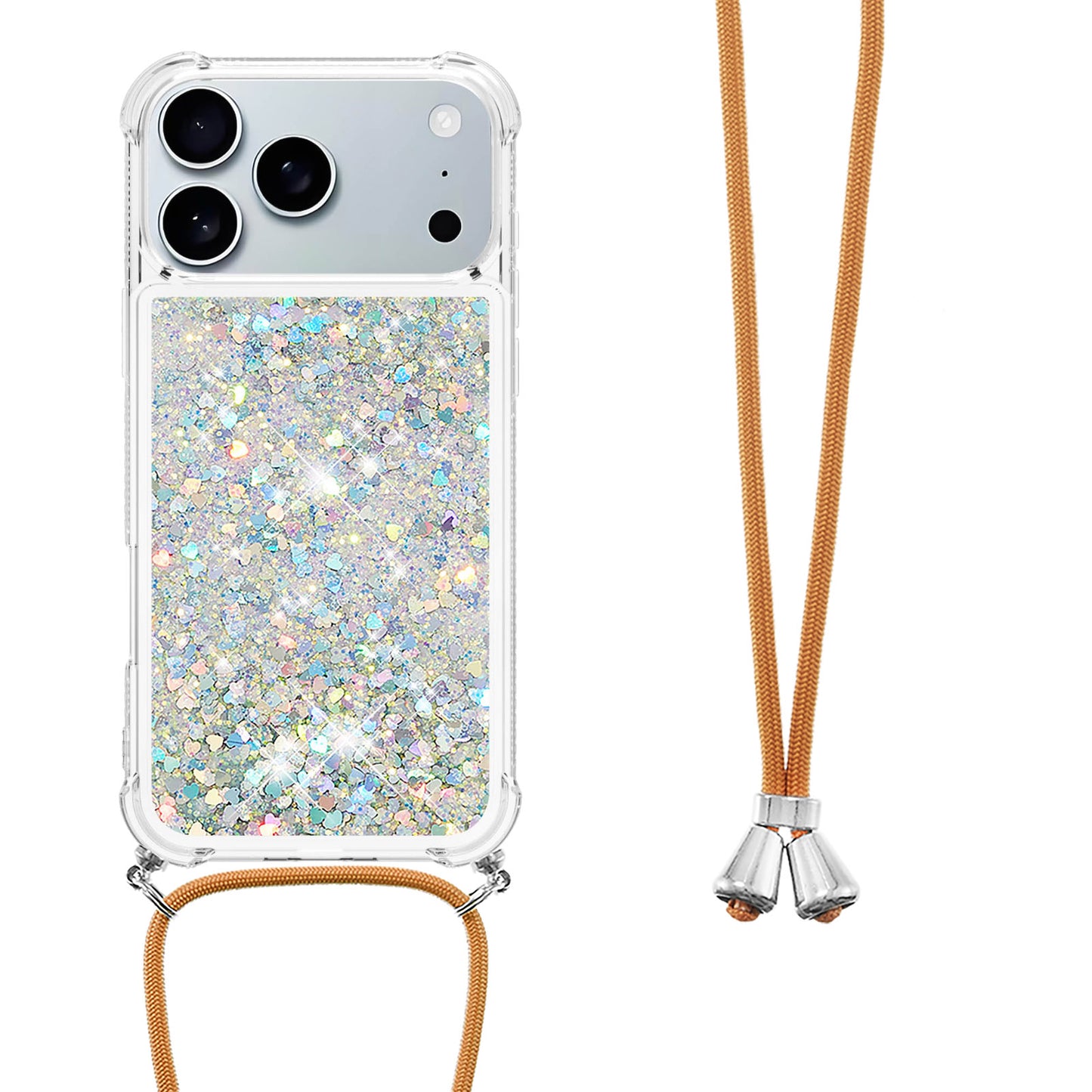 For iPhone 17 Pro Max TPU Case Quicksand Phone Cover with Lanyard - Silver / Hearts