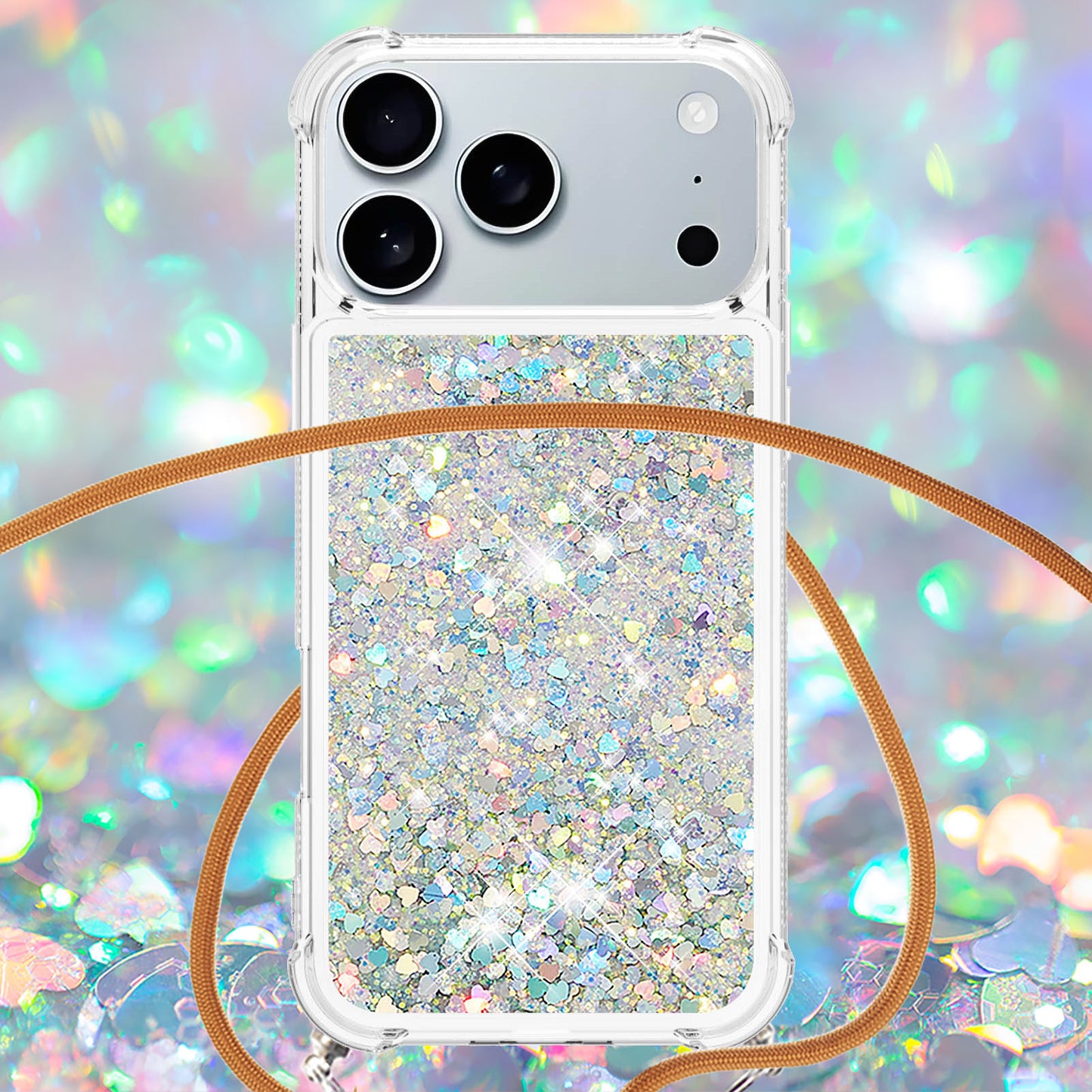 For iPhone 17 Pro Max TPU Case Quicksand Phone Cover with Lanyard - Silver / Hearts