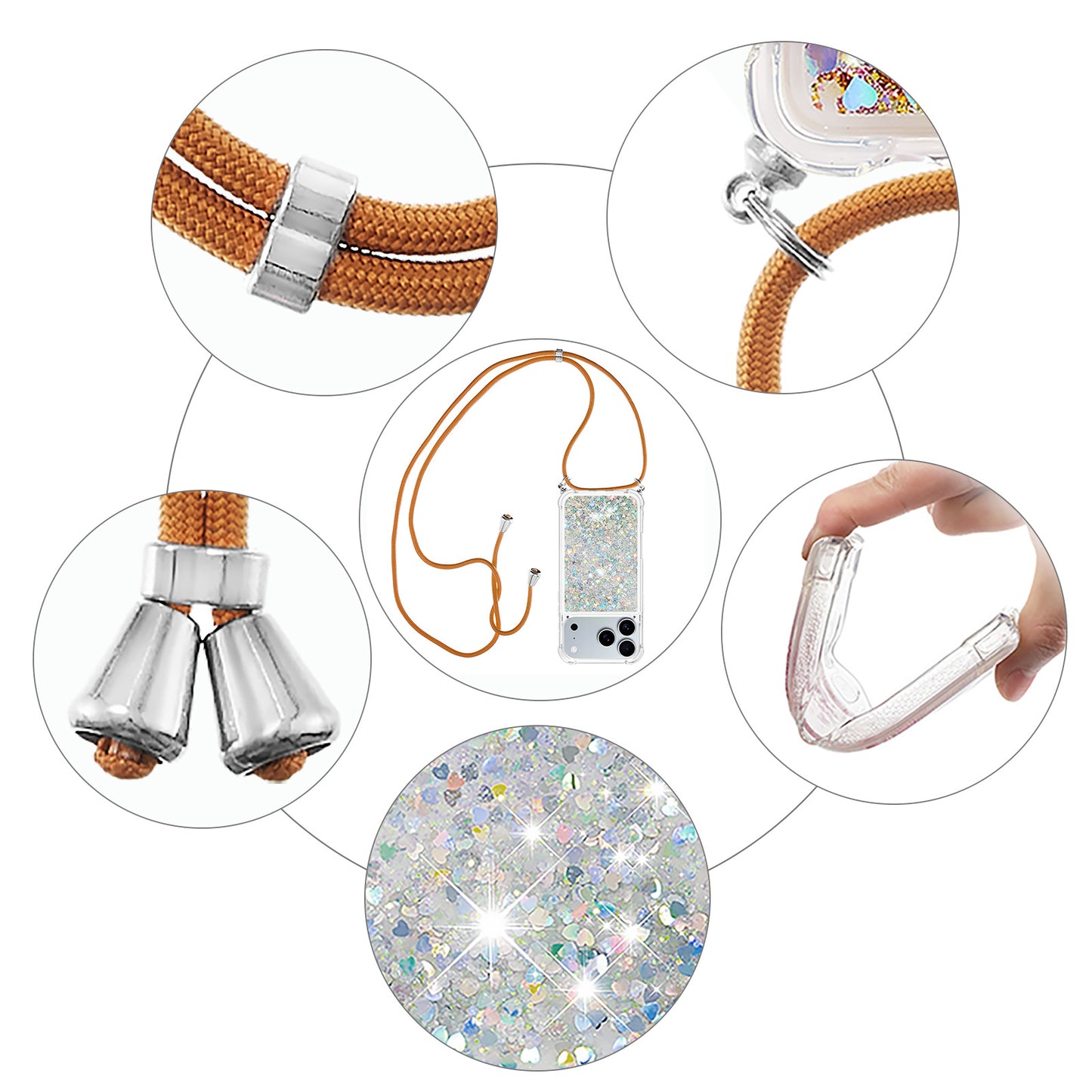 For iPhone 17 Pro Max TPU Case Quicksand Phone Cover with Lanyard - Silver / Hearts