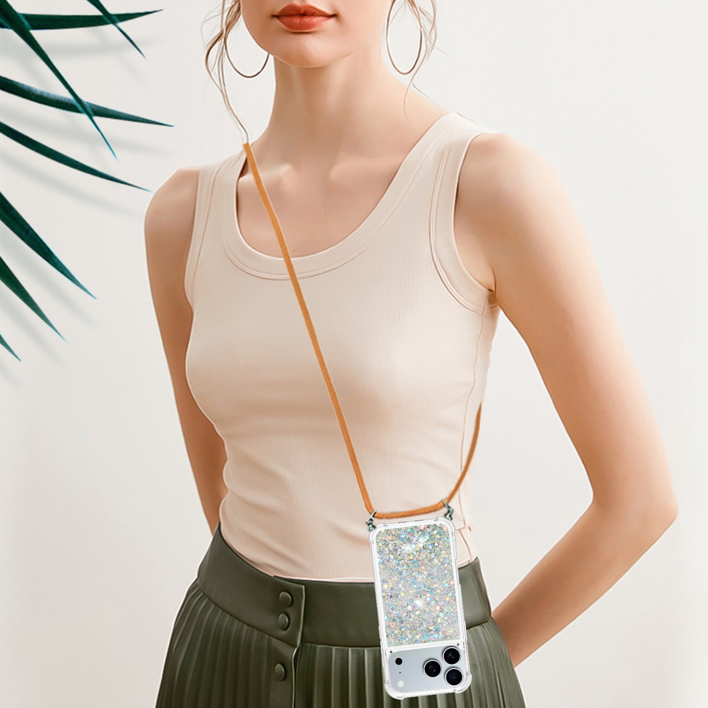 For iPhone 17 Pro Max TPU Case Quicksand Phone Cover with Lanyard - Silver / Hearts