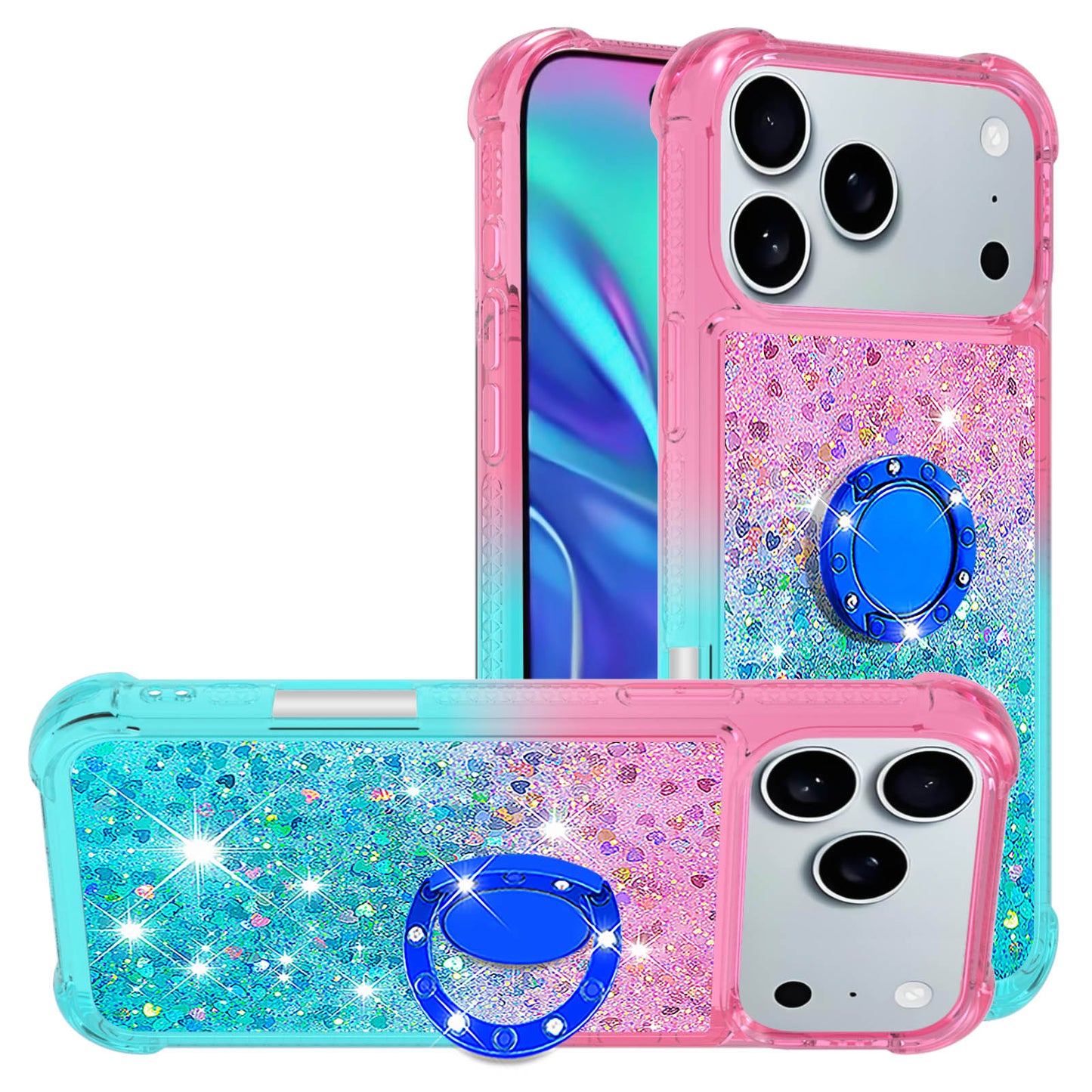 For iPhone 17 Pro Max TPU Case with Kickstand Gradiant Quicksand Shockproof Cover - Pink+Sky Blue