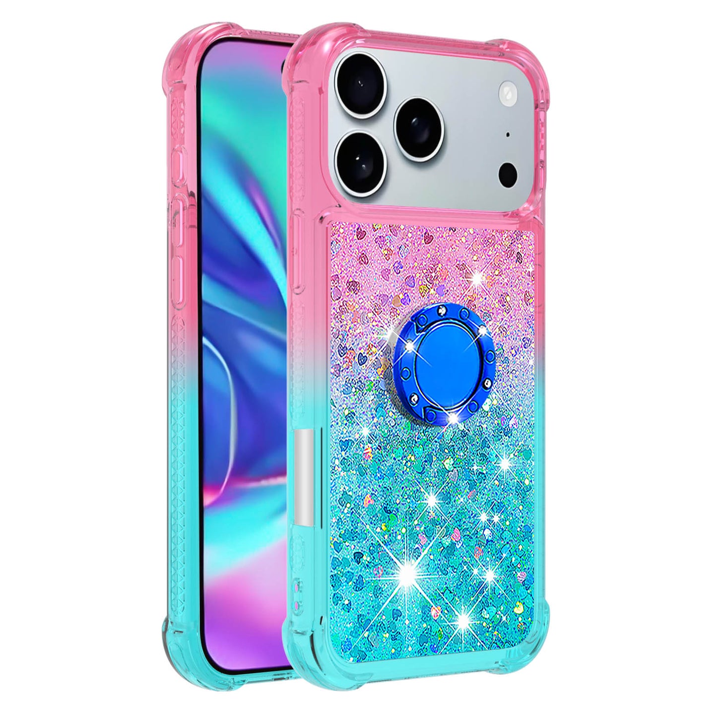 For iPhone 17 Pro Max TPU Case with Kickstand Gradiant Quicksand Shockproof Cover - Pink+Sky Blue