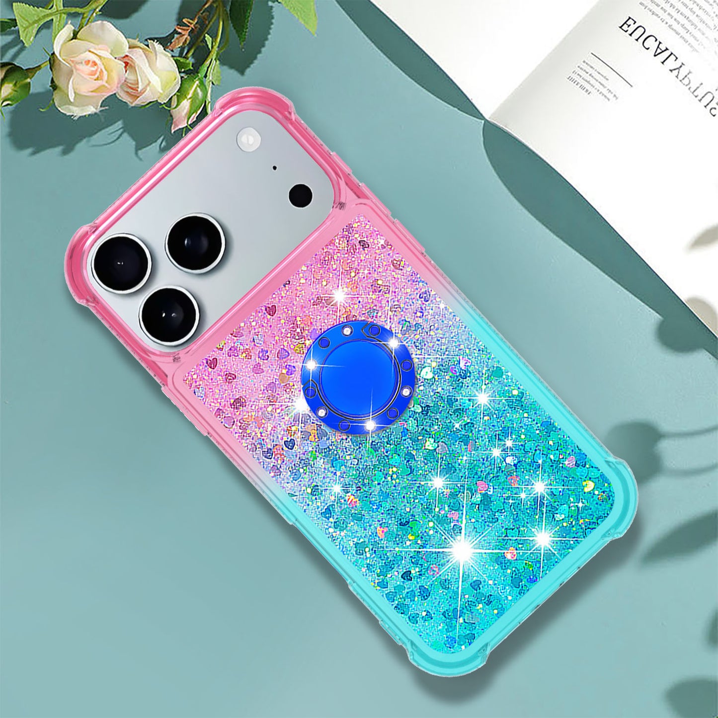 For iPhone 17 Pro Max TPU Case with Kickstand Gradiant Quicksand Shockproof Cover - Pink+Sky Blue