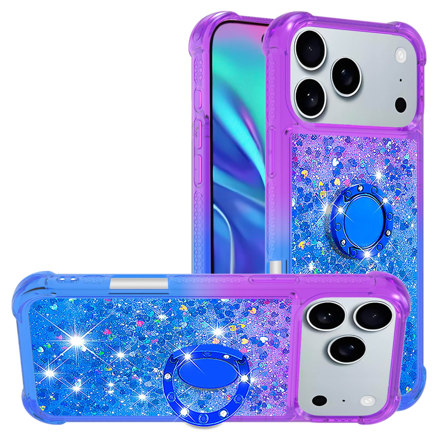 For iPhone 17 Pro Max TPU Case with Kickstand Gradiant Quicksand Shockproof Cover - Purple+Sky Blue