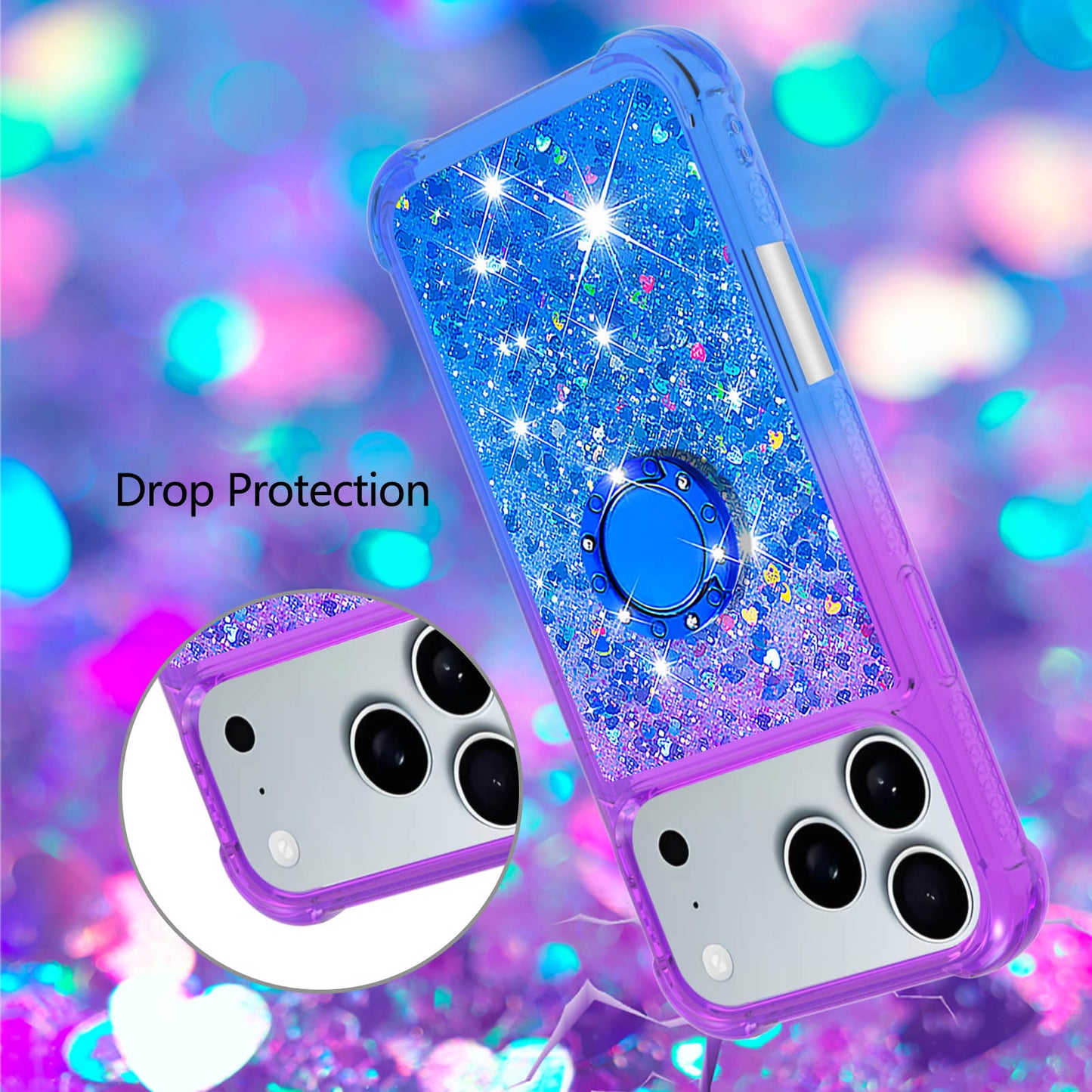 For iPhone 17 Pro Max TPU Case with Kickstand Gradiant Quicksand Shockproof Cover - Purple+Sky Blue