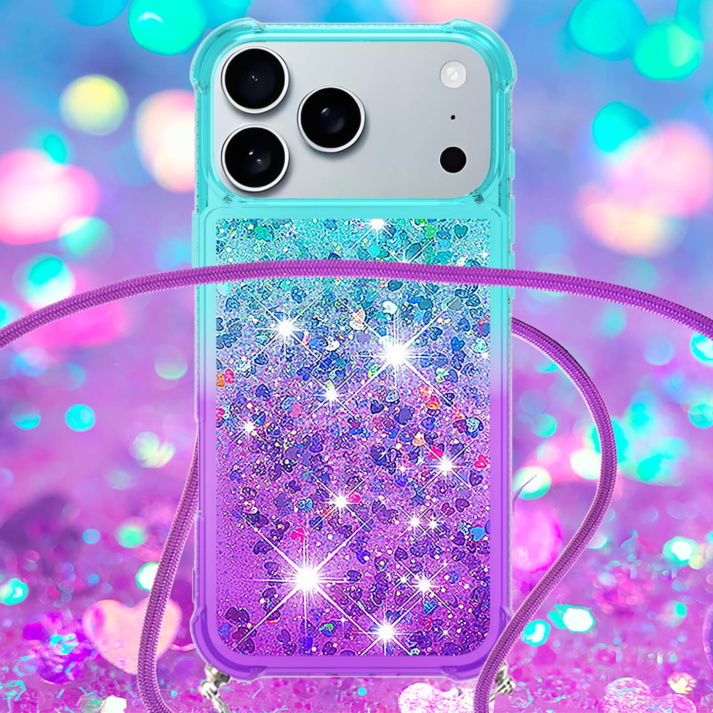 For iPhone 17 Pro Max Phone Case Gradient Quicksand TPU Back Cover with Long Strap - Sky Blue / Purple