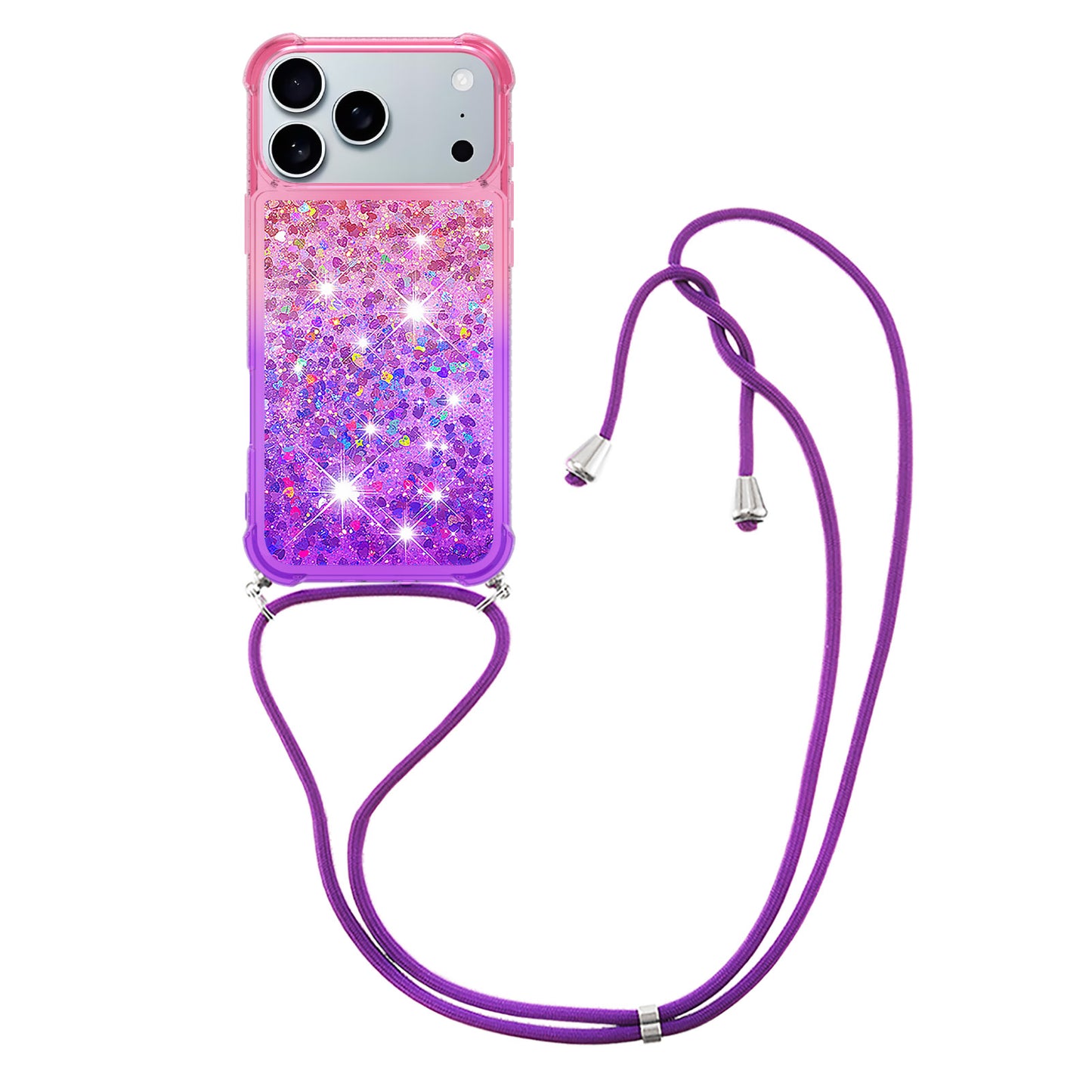 For iPhone 17 Pro Max Phone Case Gradient Quicksand TPU Back Cover with Long Strap - Pink / Purple