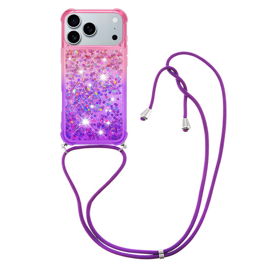 For iPhone 17 Pro Max Phone Case Gradient Quicksand TPU Back Cover with Long Strap - Pink / Purple