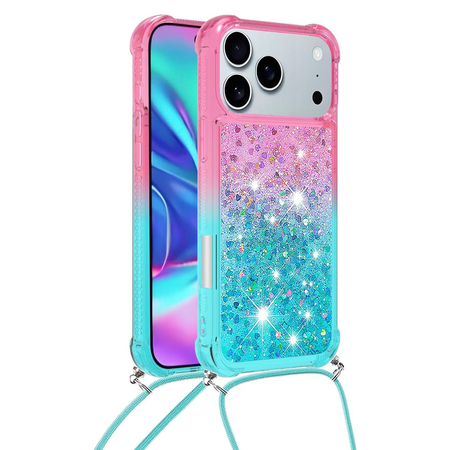 For iPhone 17 Pro Max Phone Case Gradient Quicksand TPU Back Cover with Long Strap - Pink / Sky Blue