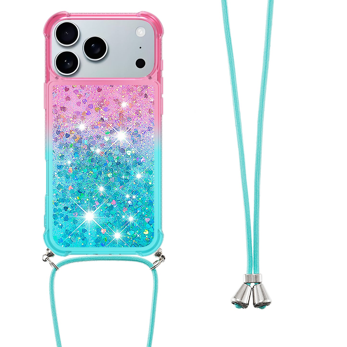 For iPhone 17 Pro Max Phone Case Gradient Quicksand TPU Back Cover with Long Strap - Pink / Sky Blue