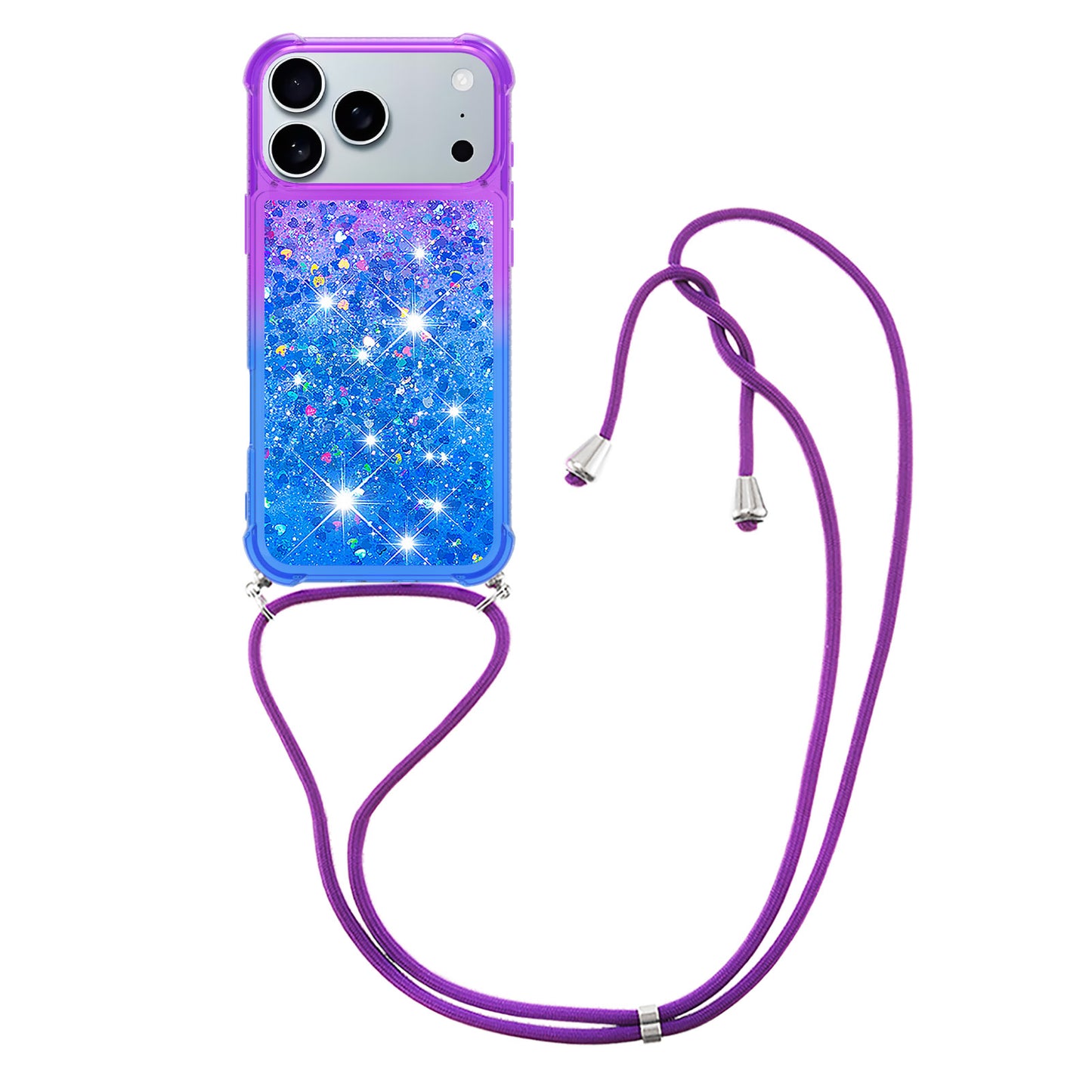 For iPhone 17 Pro Max Phone Case Gradient Quicksand TPU Back Cover with Long Strap - Purple / Blue