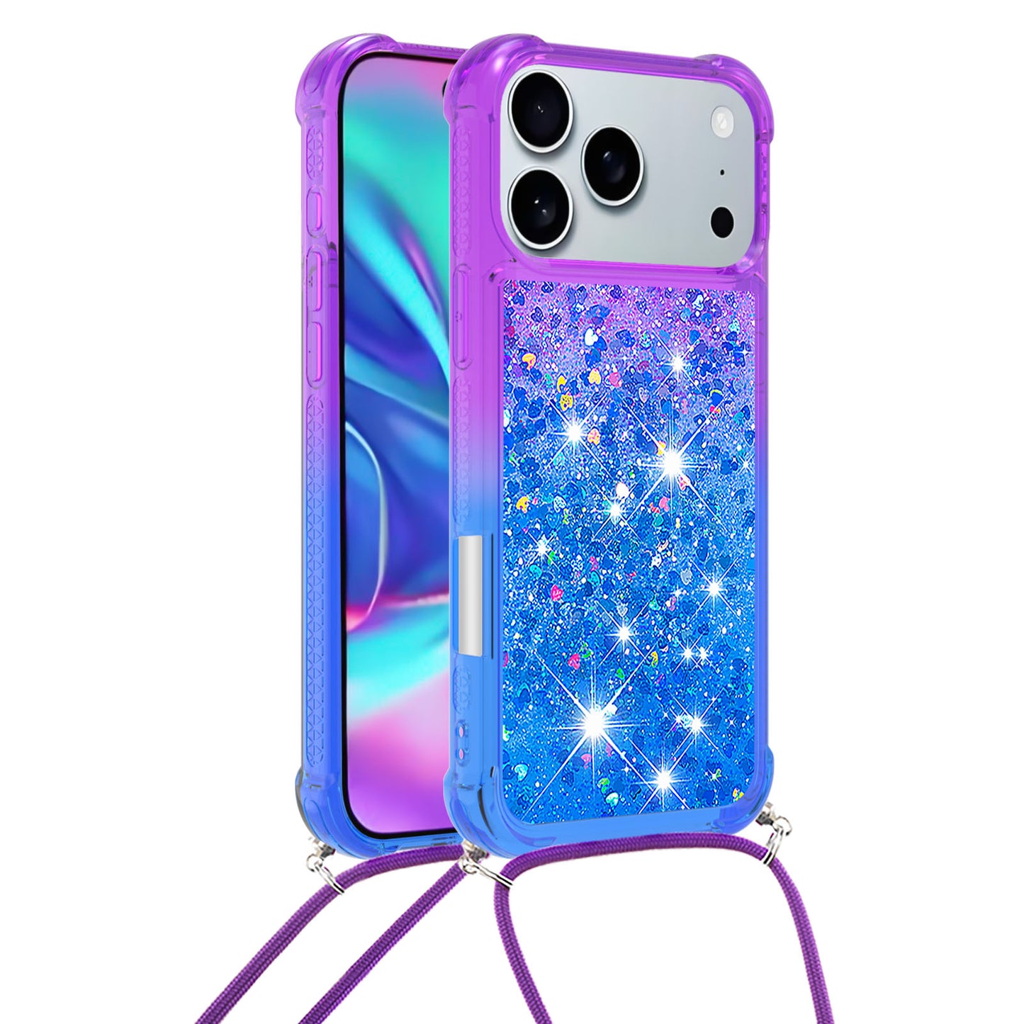 For iPhone 17 Pro Max Phone Case Gradient Quicksand TPU Back Cover with Long Strap - Purple / Blue