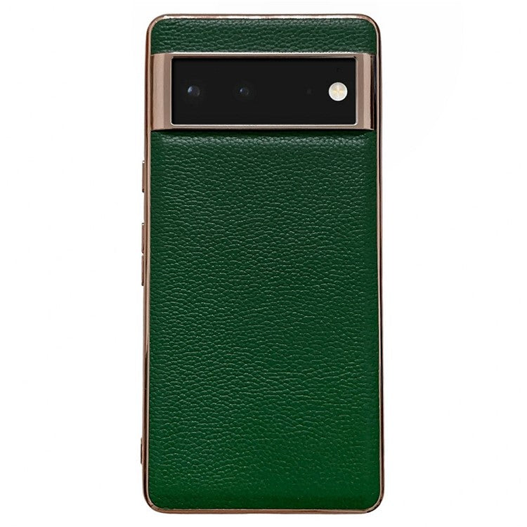 Smartphone Back Cover for Google Pixel 6, Nano Electroplating Litchi Texture Genuine Leather Coated TPU Phone Case - Green