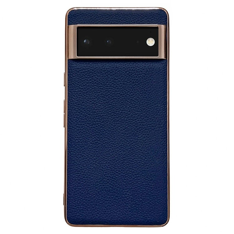 Smartphone Back Cover for Google Pixel 6, Nano Electroplating Litchi Texture Genuine Leather Coated TPU Phone Case - Sapphire