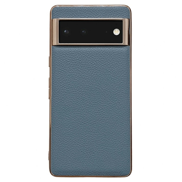 Smartphone Back Cover for Google Pixel 6, Nano Electroplating Litchi Texture Genuine Leather Coated TPU Phone Case - Blue