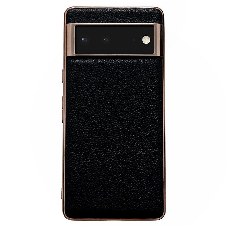 Smartphone Back Cover for Google Pixel 6, Nano Electroplating Litchi Texture Genuine Leather Coated TPU Phone Case - Black