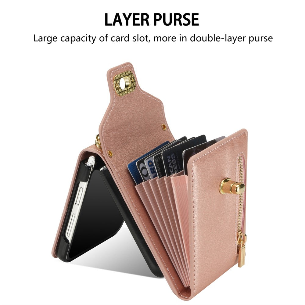 For Samsung Galaxy Z Flip7 5G Case Zipper Wallet Design PU PC Phone Cover with Long Strap - Rose Gold