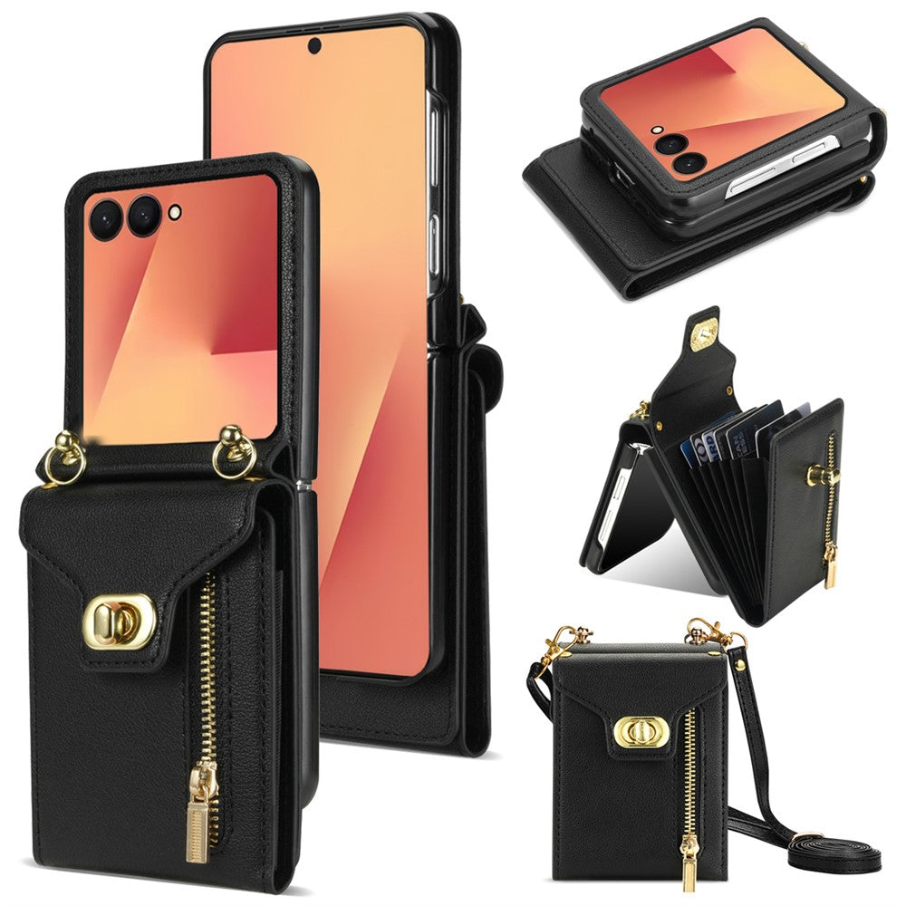 For Samsung Galaxy Z Flip7 5G Case Zipper Wallet Design PU PC Phone Cover with Long Strap - Black