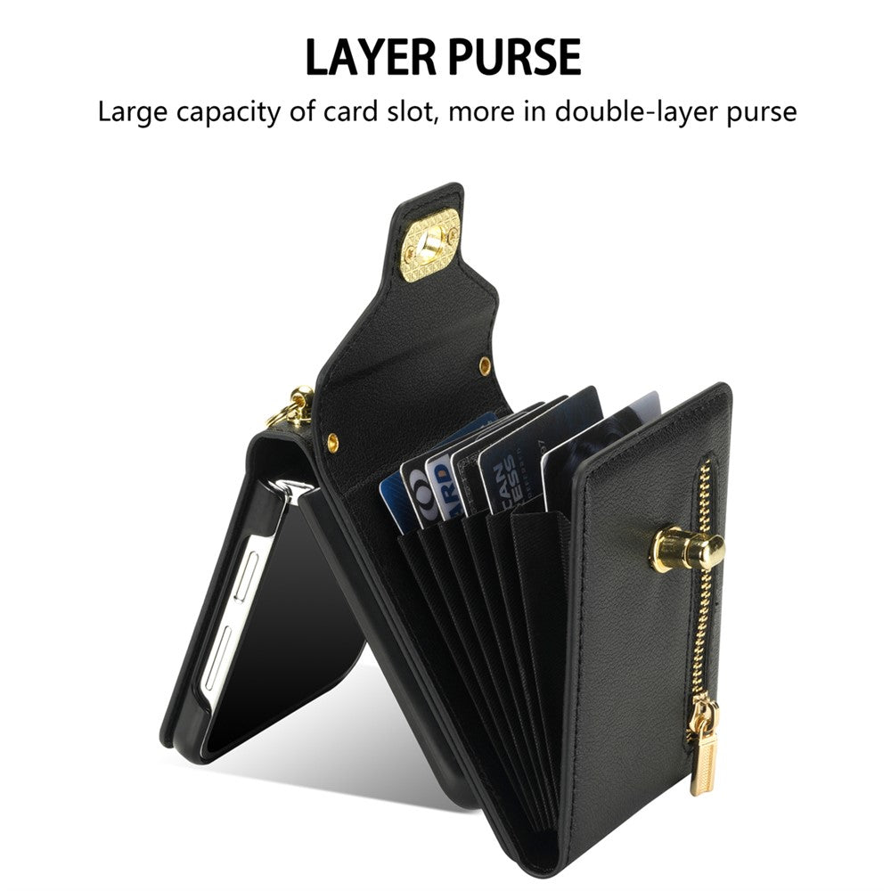 For Samsung Galaxy Z Flip7 5G Case Zipper Wallet Design PU PC Phone Cover with Long Strap - Black