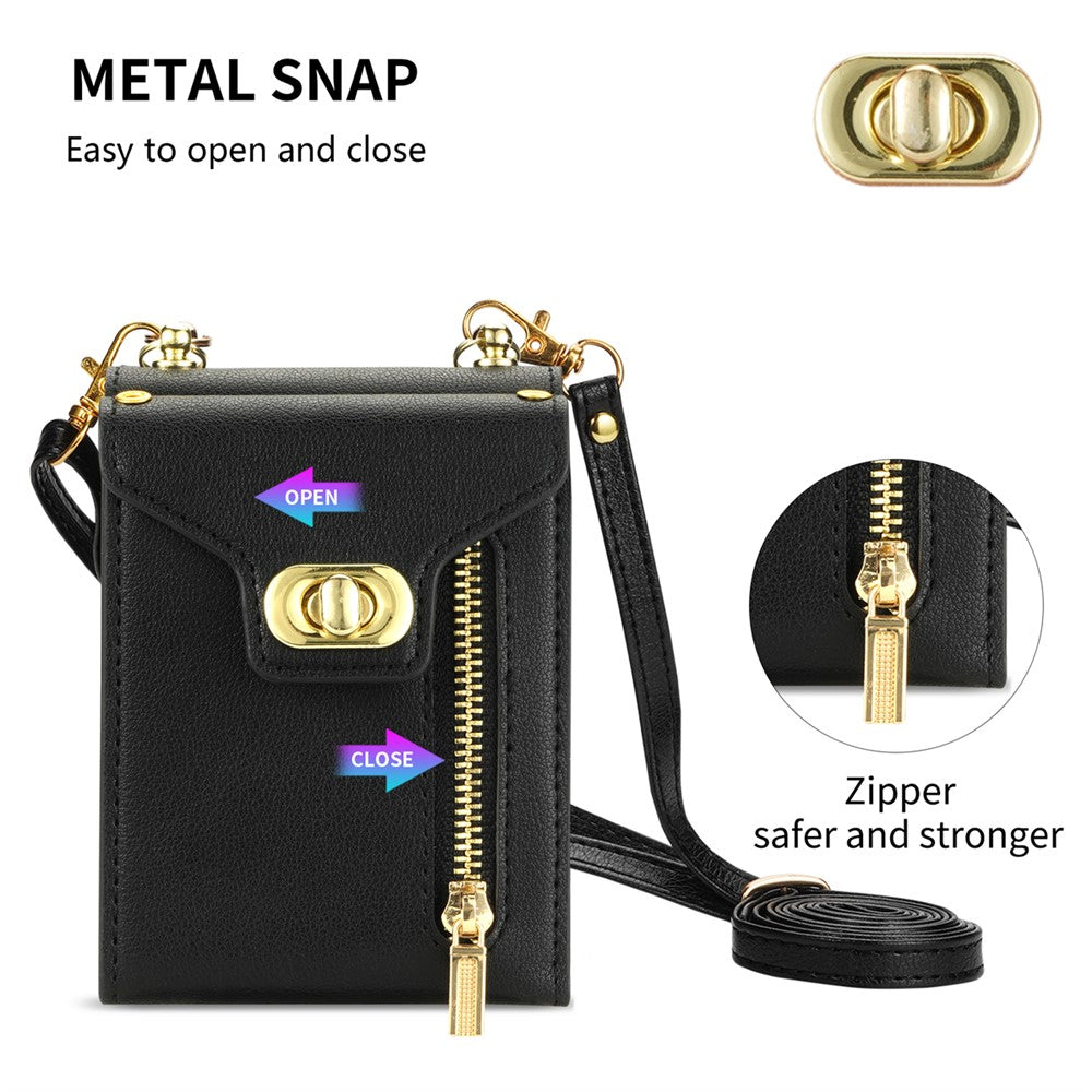 For Samsung Galaxy Z Flip7 5G Case Zipper Wallet Design PU PC Phone Cover with Long Strap - Black