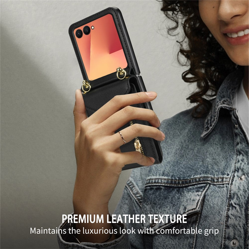 For Samsung Galaxy Z Flip7 5G Case Zipper Wallet Design PU PC Phone Cover with Long Strap - Black