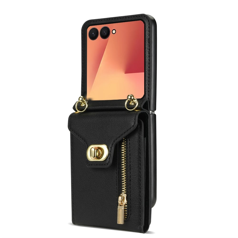 For Samsung Galaxy Z Flip7 5G Case Zipper Wallet Design PU PC Phone Cover with Long Strap - Black