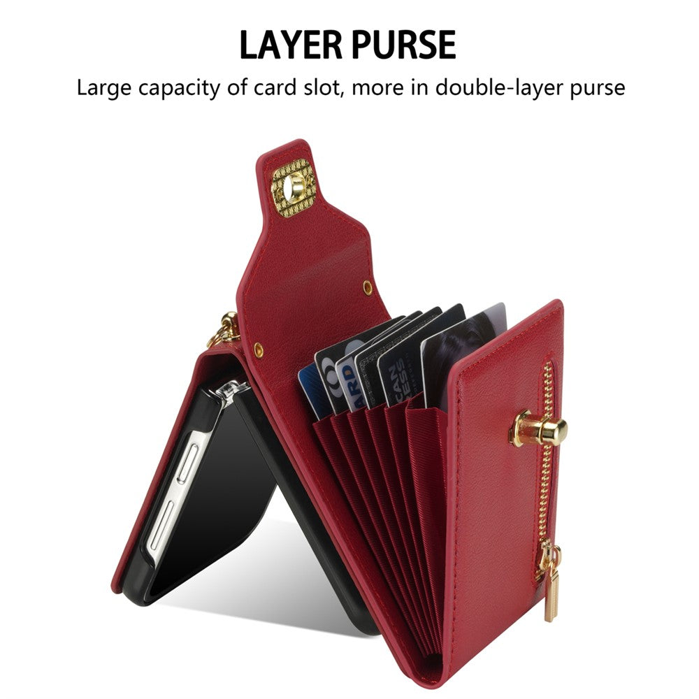 For Samsung Galaxy Z Flip7 5G Case Zipper Wallet Design PU PC Phone Cover with Long Strap - Red