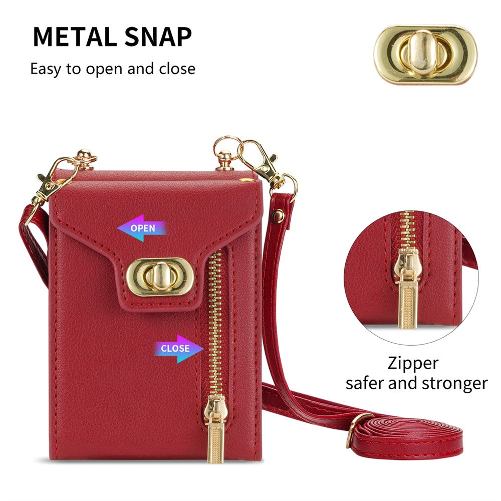 For Samsung Galaxy Z Flip7 5G Case Zipper Wallet Design PU PC Phone Cover with Long Strap - Red