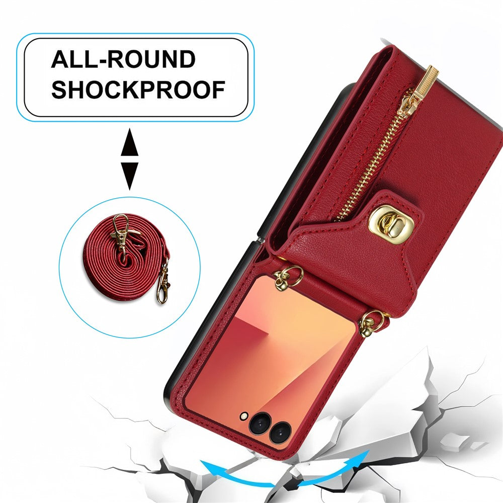 For Samsung Galaxy Z Flip7 5G Case Zipper Wallet Design PU PC Phone Cover with Long Strap - Red