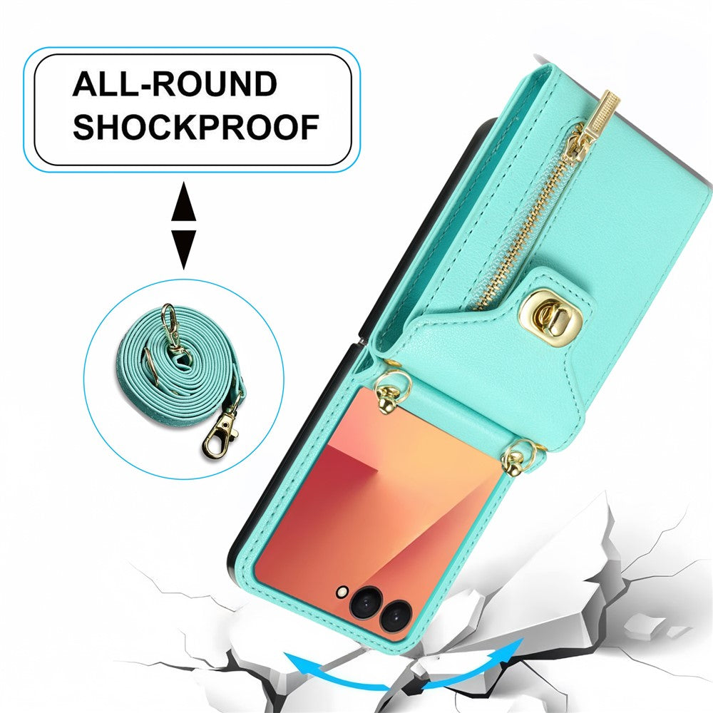 For Samsung Galaxy Z Flip7 5G Case Zipper Wallet Design PU PC Phone Cover with Long Strap - Green